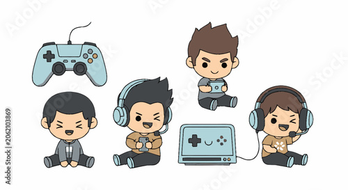 Adorable Cartoon Characters Playing Video Games with Controllers and Headsets.
