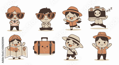 Adorable Cartoon Characters Ready for Travel Adventures with Sunglasses and Hats.