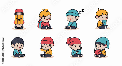 Adorable Cartoon Children Poses - Sleeping, Reading, and Studying.
