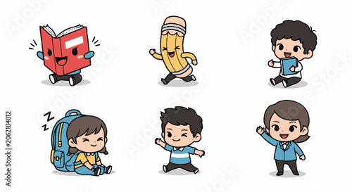 Adorable Cartoon Characters Representing Education and School Supplies.