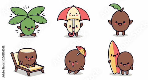 Adorable Cartoon Coconuts Enjoying Summer Vacation Activities.