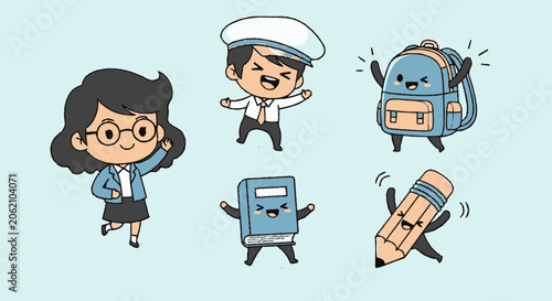 Adorable Cartoon Characters Representing Education and School Supplies.