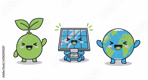 Adorable Cartoon Characters Representing Nature, Solar Energy, and Planet Earth.