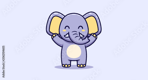 Adorable cartoon elephant with a happy expression and raised trunk.