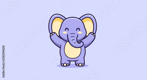 Adorable cartoon elephant with raised arms and a happy expression.
