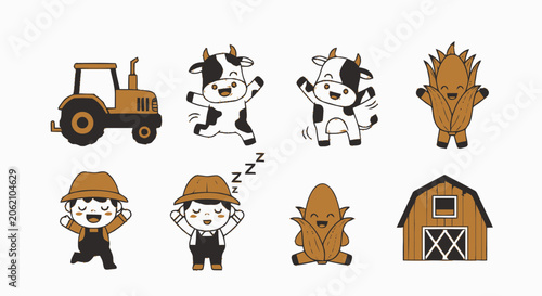 Adorable Cartoon Farm Animals and Farmer Characters in a Delightful Scene.