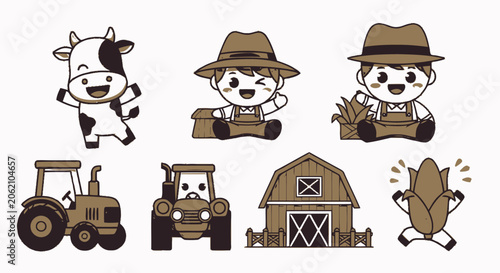 Adorable Cartoon Farm Animals and Farmer Characters in a Fun Illustration.