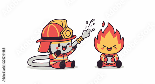 Adorable Cartoon Firefighter Extinguishing a Playful Animated Fire with Water.