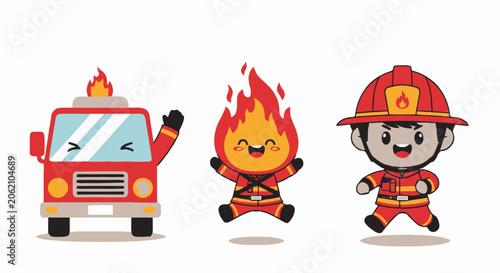 Adorable Cartoon Firefighter Characters and Fire Truck in Playful Illustration.