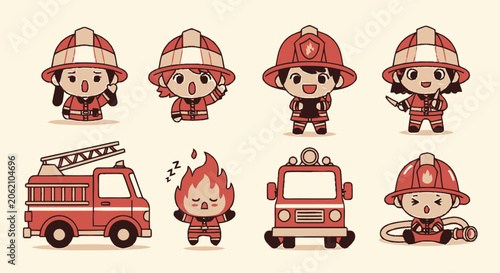 Adorable Cartoon Firefighters and Fire Truck Collection for Safety.