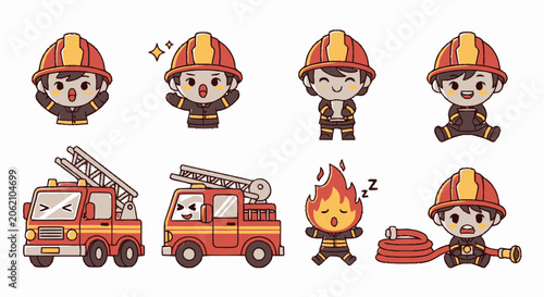 Adorable Cartoon Firefighters and Fire Truck Illustrations for Safety Concepts.