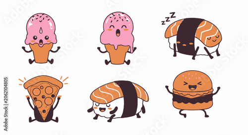 Adorable Cartoon Food Characters Smiling and Expressing Joyful Emotions.