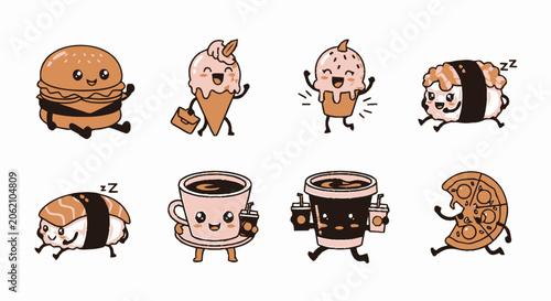 Adorable Cartoon Food Characters Smiling and Posing for Fun.