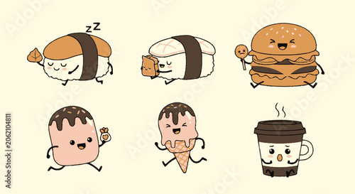 Adorable Cartoon Food Characters - Sushi, Burger, Ice Cream, Coffee, and More.
