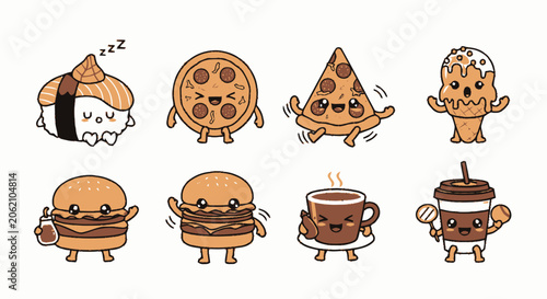 Adorable Cartoon Food Characters Smiling and Expressing Happiness in Various Poses.