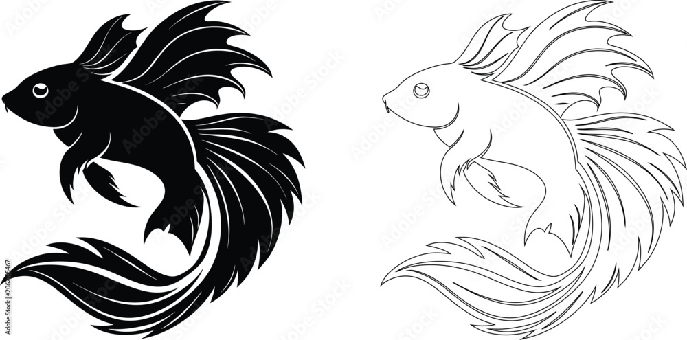 Fototapeta premium Black and white of a swimming betta fish with flowing fins, shown as a solid black silhouette and a matching line outline