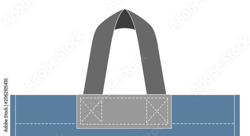 Flat vector illustration of a blue tote bag with gray handles and stitched patch