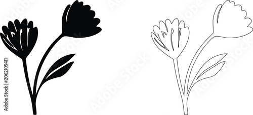 Quadro su tela Black and white floral featuring two stylized flowers on stems with leaves in so