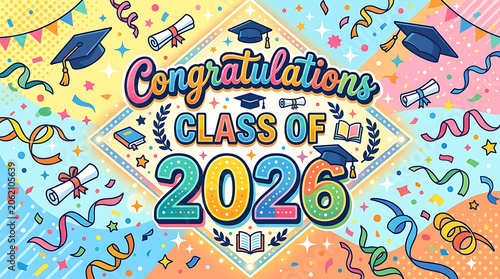 Colorful celebration of academic achievement with graduation caps, diplomas, and vibrant confetti for the graduating class of 2026