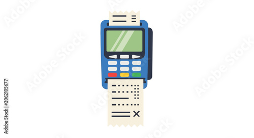 Flat vector illustration of blue POS payment terminal with receipt