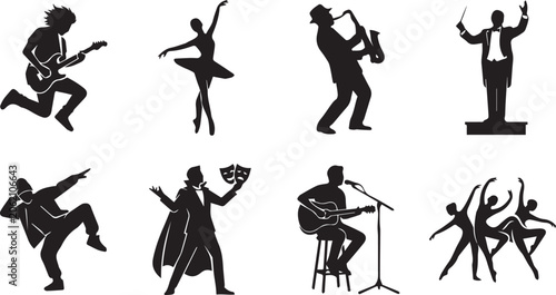 Fotografie Performing arts and music entertainment black silhouette icons set featuring bal