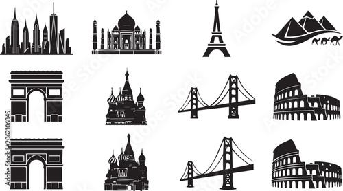 Φωτογραφία Global landmarks and famous monuments black silhouette icons set featuring world
