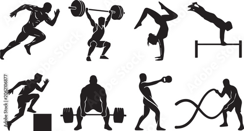 Photos Fitness and athletic training black silhouette icons set featuring sprinting wei