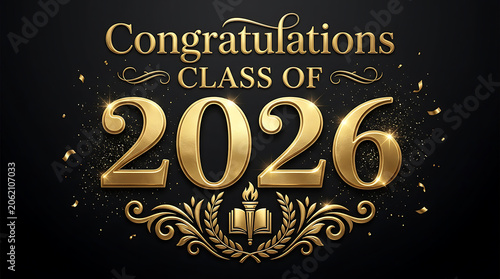 Celebratory congratulatory message for the graduating class of 2026 with gold accents and festive design elements