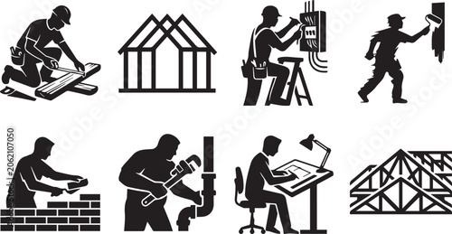 Obraz na plátne Home construction and tradesperson black silhouette icons set featuring carpente