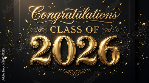 Celebratory graphic for graduating class of 2026 with gold lettering and festive sparkles emphasizing achievement and new