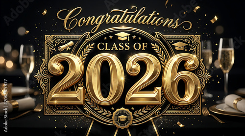 Celebratory gold and black themed graduation announcement for the class of 2026 with elegant design and festive atmosphere