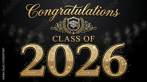 Elegant celebratory graphic design marking the graduation class of 2026 with ornate gold lettering and decorative elements for