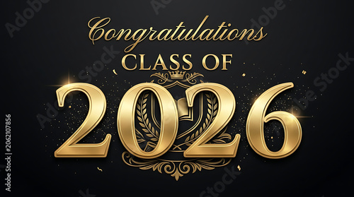 Elegant graduation celebration graphic with golden numbers and festive design for 2026 class congratulations
