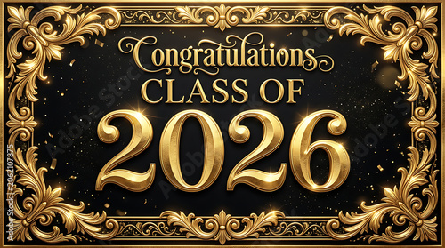 Elegant Golden Graduation Announcement Celebrating the Class of 2026 with ornate decorative details and celebratory message for