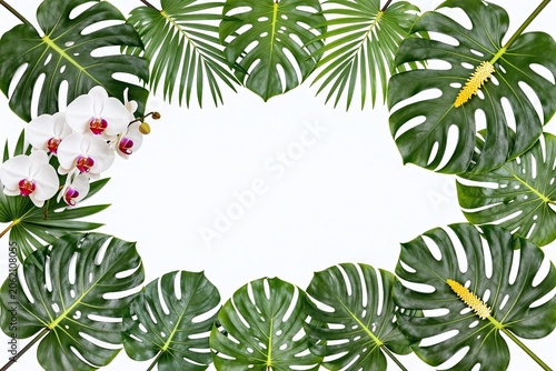 A frame of tropical leaves and flowers on a white background