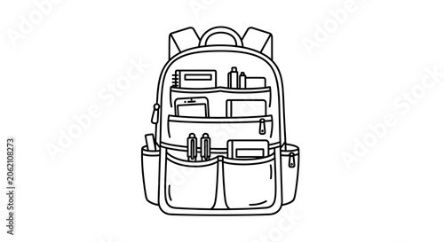 line art backpack with school supplies vector illustration