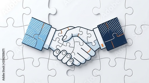 Jigsaw puzzle pieces forming a handshake to symbolize cooperation and corporate agreement.