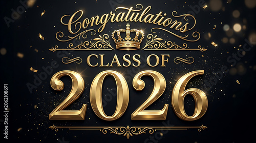 Elegant celebration of graduation for the class of 2026 with gold lettering and festive design elements in a luxurious style