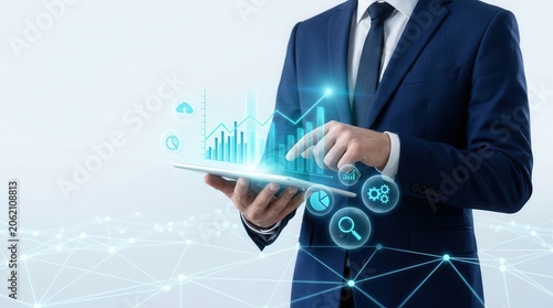 Digital technology and business analysis shown by a businessman utilizing a tablet and interactive graph.
