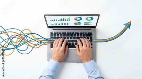 Conceptual business report writing with laptop and colorful arrows symbolizing successful data analysis.