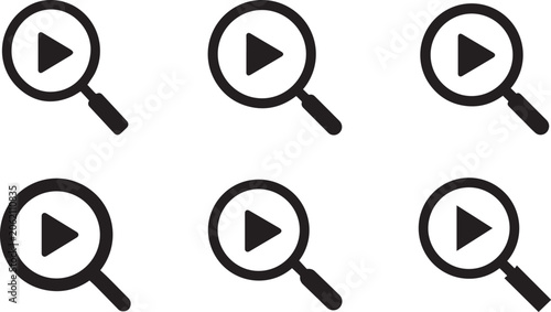 Six identical black search icons featuring a play button symbol inside magnifying glasses.