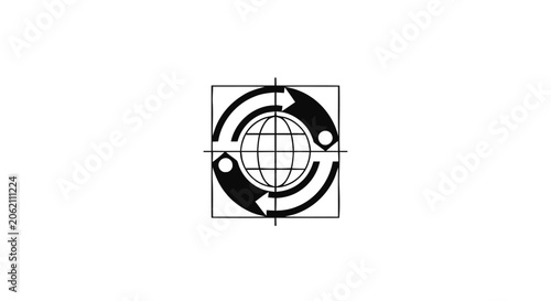 Black and white global recycling icon with globe and circular arrows inside a square frame.