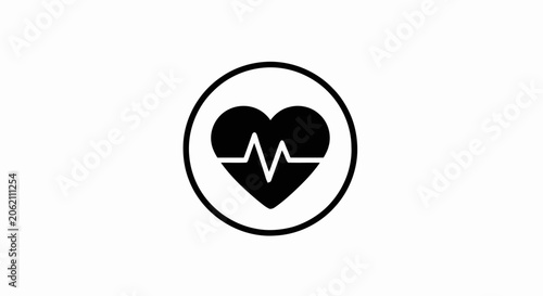 Black and white heartbeat icon with heart shape and pulse line inside a circle.
