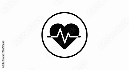 Black and white heart rate icon representing medical health and cardiology pulse inside a circle.