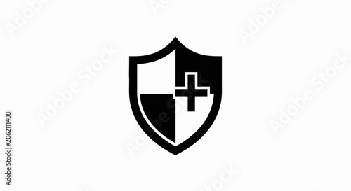 Black and white medical shield icon representing health protection and safety insurance.