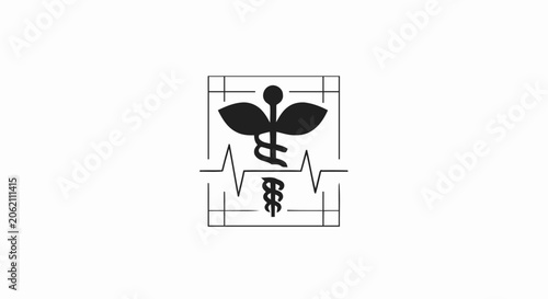 Black and white medical logo featuring a caduceus symbol with leaves and a heartbeat line.