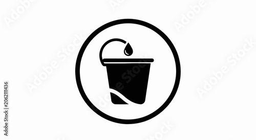 Black and white minimalist bucket icon with water droplet inside a circle.