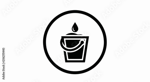 Black and white minimalist icon of a bucket with a water droplet inside a circle.