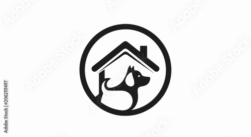 Black and white pet house logo icon featuring a dog silhouette under a roof inside a circle.
