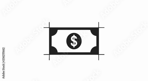 Black and white vector icon of a dollar bill banknote with crop marks representing printing costs.